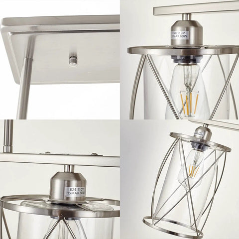 Close-up of 3 Light Clear Glass Cylinder Pendant Lights for Kitchen Island with brushed nickel and dual shade details.