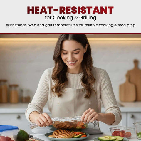 Woman using Pre Cut Aluminum Foil Sheets 12x12 Pop Up Box Of 500 for easy food wrapping of grilled chicken and vegetables
