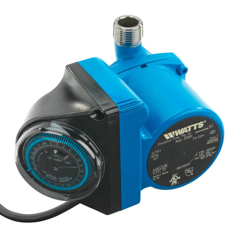 Hot Water Recirculation System With Programmable Timer, blue pump close-up, for instant hot water at every faucet and shower