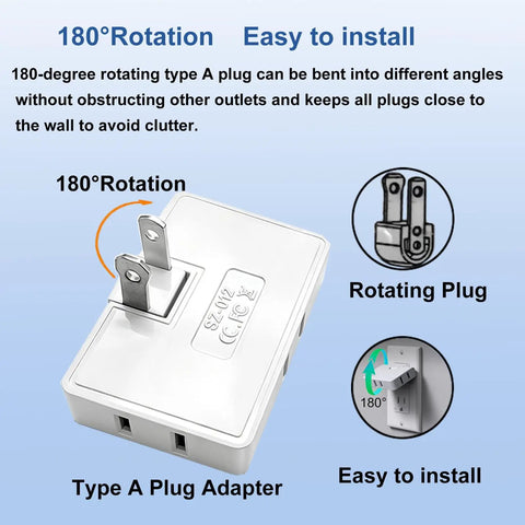 Three Way Flat Wall Outlet Extender With 180 Degree Swivel 2 Prong Type A White Ultra Thin Folding Electrical Outlet Splitter