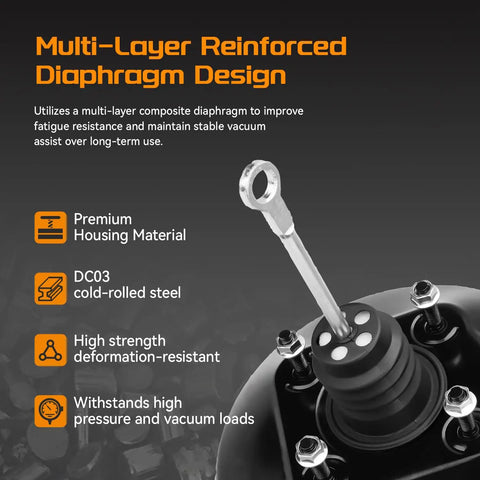 Multi-layer reinforced diaphragm design of Heavy Duty Vacuum Power Brake Booster for Chevy and GMC trucks, showing steel components.