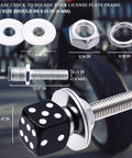 4 Piece Slick Black Dice License Plate Bolt Kit With Shiny Aluminum Covers And Rust Proof Steel Fasteners For Your Whip Upgrade Drop Right In Setup Universal Fit showing components and measurements.