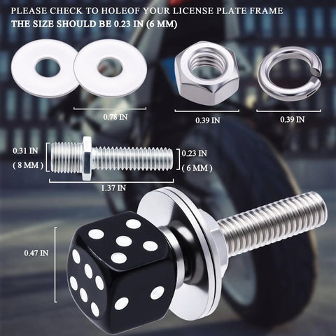 4 Piece Slick Black Dice License Plate Bolt Kit With Shiny Aluminum Covers And Rust Proof Steel Fasteners For Your Whip Upgrade Drop Right In Setup Universal Fit showing components and measurements.