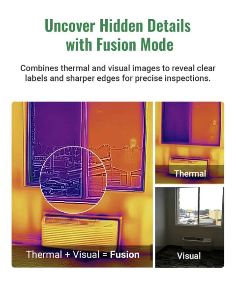 Thermal Imaging Camera With Visual Sensor And Laser Pointer, showing Fusion mode with thermal and visual images side by side.