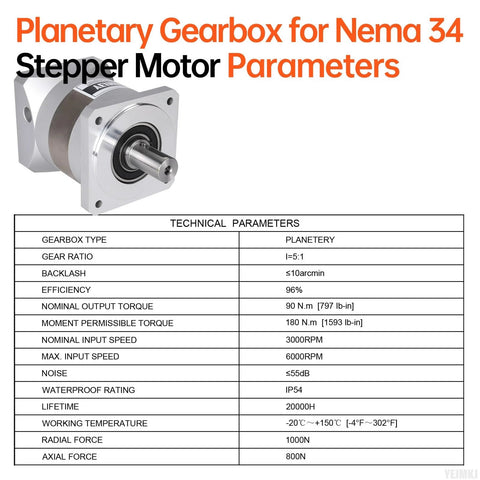 Planetary gearbox for Nema 34 stepper motor, YEJMKJ, with square flange and silver aluminum housing, output shaft.