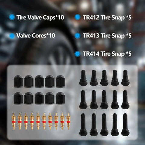 45 Pc Tire Valve Stem Core Removal Tool Kit with Dual Head Removers and Snap In Short Rubber Valves TR412 TR413 TR414
