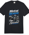 Cool Machinist Gauge Square Tool Set Gift For Guys, Heavyweight Relaxed Fit Tee With Vise CNC Designs, Soft Garment Dyed Cotton Adult T-Shirt featuring a black tee with 'Metal Removal Specialist' graphic.