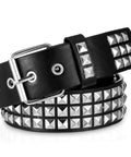Rock Rivet Belt With Pyramid Studs, Edgy Punk Studded Belt For Women And Men, black metal grommet belt with bright pyramid details.
