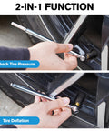 Checking tire pressure with Two Pack Pencil Tire Pressure Gauge Built To Last With Ten To Seventy Five PSI Range Three Measurement Units PSI KPa And Bar Stainless Steel Body Includes Tire Caps For Cars RVs And Bicycles.