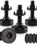 Rock Solid Adjustable Furniture Leveling Feet 3/8 Inch By 16 Thread Holds 1320 Lbs With T Nut Kit four black levelers with bases.