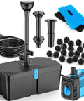 Pond Filter With Fountain Pump Kit 660 GPH, showing pump, fountain heads, filter sponges, bio balls, and power cable.