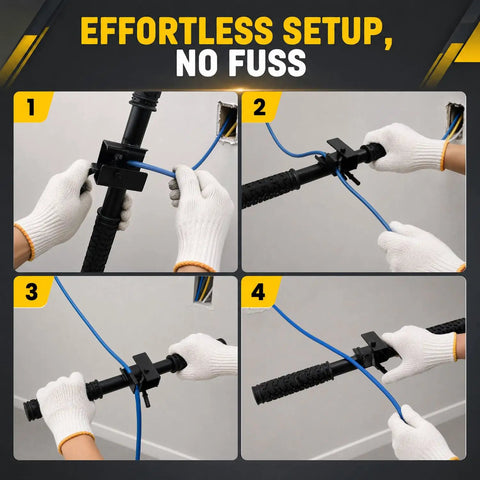 Heavy Duty Manual Wire Tugger Fishing Tool For Electricians To Pull Mule Tape, Fish Tape, And Ropes With Easy Grip Ergonomic Design and Secure Clamping Power in use for effortless setup.
