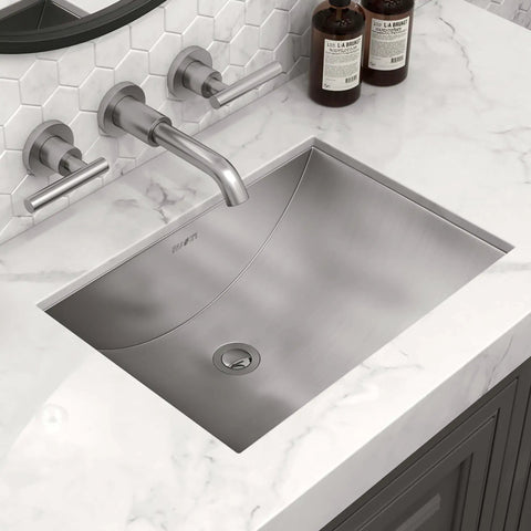 Stainless Steel Undermount Bathroom Sink 16 By 11 Inches 16 Gauge With Rectangular Shape And Brushed Finish Installed on Marble Countertop