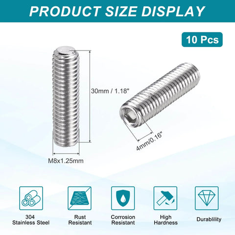 Grub Screws Set M8-1.25 X 30mm, 304 Stainless Steel Cup Point Allen Head Screws detailed view with dimensions and features.