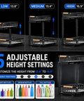 Top Tier Double Slide Out Under Sink Organizers Two Pack Black Steel Pull Out Shelves With Splash Resistant Mat, showing adjustable height options.
