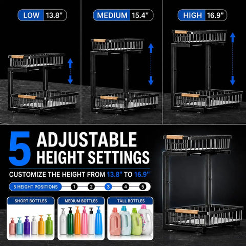 Top Tier Double Slide Out Under Sink Organizers Two Pack Black Steel Pull Out Shelves With Splash Resistant Mat, showing adjustable height options.