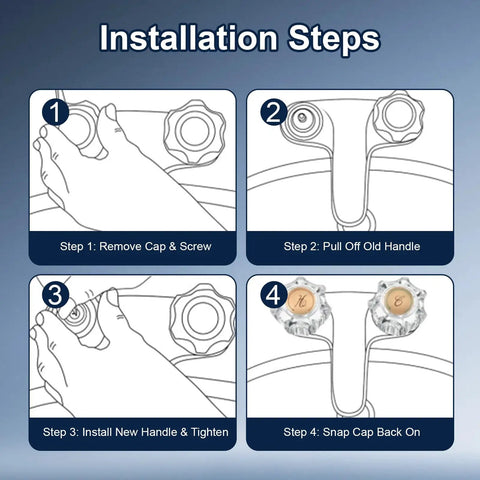 Four Pack Crystal Clear Acrylic Shower Knob Replacement Handles For Delta Delex Peerless Bath And Bathtub Faucets With D Stem Valves Easy Install Repair Kit Includes Mounting Screws For Hot Cold Water Fixups. Installation steps diagram