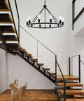 Black Farmhouse Wagon Wheel Chandelier With 10 Lights 31.5 Inch hanging in modern living room above staircase