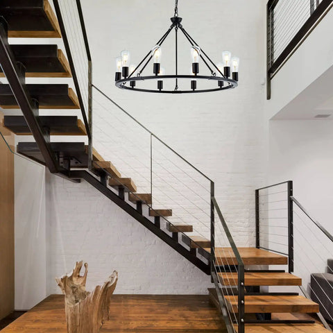 Black Farmhouse Wagon Wheel Chandelier With 10 Lights 31.5 Inch hanging in modern living room above staircase