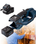 Heavy Duty Cordless Electric Strapping Machine Automatic Weld Pallet Banding Tool with battery and control panel in warehouse setting.