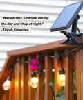 Solar Powered Outdoor Patio String Lights 27 Ft With 12 LED Bulbs Waterproof Shatterproof Edison Style Bulbs mounted on railing