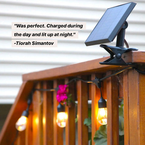 Solar Powered Outdoor Patio String Lights 27 Ft With 12 LED Bulbs Waterproof Shatterproof Edison Style Bulbs mounted on railing