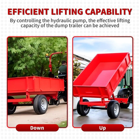 Dump trailer showing lifting capabilities using 12V DC double acting hydraulic pump power unit with 6 quart tank.
