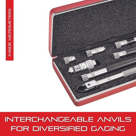 Pro Grade Tubular Inside Micrometer Set with Case, Quick Reading Figures, Hardened Ground Anvils, Interchangeable Extensions