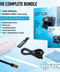DeTect Dt600 Professional Bank Grade Money Counter Machine For Mixed Denomination Bills maintenance kit with user manual, power cord, and cleaning items.