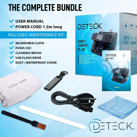 DeTect Dt600 Professional Bank Grade Money Counter Machine For Mixed Denomination Bills maintenance kit with user manual, power cord, and cleaning items.