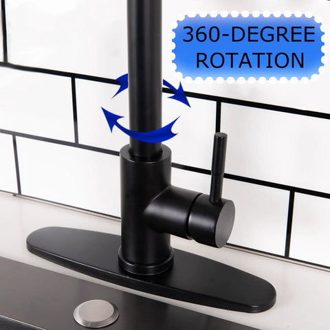 Hella Sweet Matte Black Kitchen Faucet With Single Handle And Buttery Pull Down Sprayer Solid Stainless Steel features 360-degree rotation.