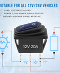 Diagram showing 12V Waterproof Rocker Switch Five Pack with Three 20 CM Detachable Wires SPST Three Pin On Off Toggle