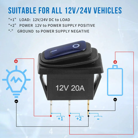 Diagram showing 12V Waterproof Rocker Switch Five Pack with Three 20 CM Detachable Wires SPST Three Pin On Off Toggle