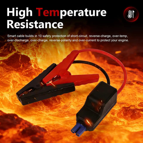 Straight Shot EC5 Replacement Cable For Portable Jump Starters 10 AWG with red and black clamps against a fiery background.