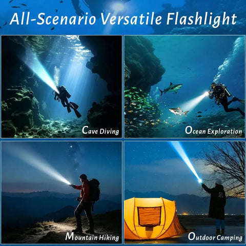 Image showing uses of Crazy Bright Underwater Dive Light 1800 Lumens With 6 Degree Narrow Beam for diving, hiking, camping.