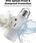 2-Pack E26 Light Socket Adapter With 3 Way Power Source, All Copper Screw-In Bulb Holder, illustrated with water splash protection