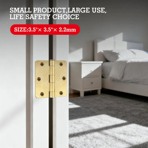 Satin Brass Rounded Door Hinges Three And A Half Inch One Quarter Radius Three Pack With Eighteen Free Screws installed on door
