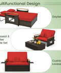 Patio Rattan Daybed With Four Level Adjustable Backrest And Handy Storage Ottoman, loveseat and coffee table in red