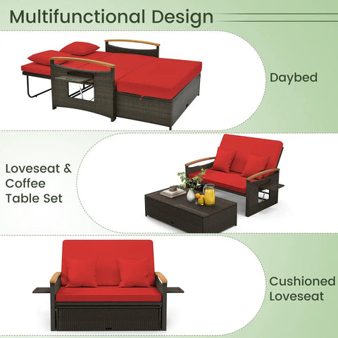 Patio Rattan Daybed With Four Level Adjustable Backrest And Handy Storage Ottoman, loveseat and coffee table in red