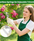 2 Pack Garden Pruning Shears With Sharp Bypass Blades in use trimming rose bush by smiling woman in green apron, spring detail inset