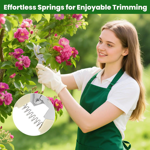 2 Pack Garden Pruning Shears With Sharp Bypass Blades in use trimming rose bush by smiling woman in green apron, spring detail inset