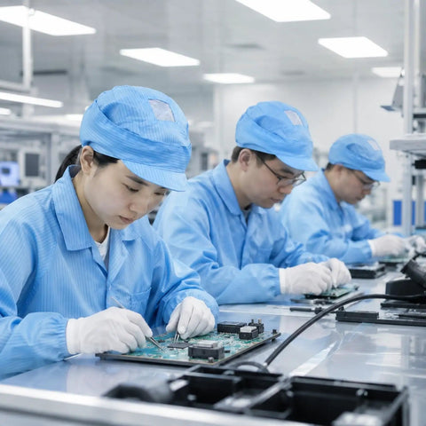 Five Pack Blue Anti Static Caps Featuring Breathable Mesh Panels And Reliable Dust Blocking Defense For Cleanrooms Laboratories And Industrial Shop Grind Heavy Duty Headwear Engineered To Keep You Cool And Confident On The Daily worn by workers assembling electronics.