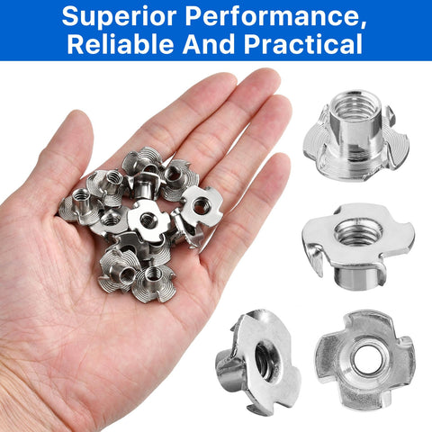 100 Pack One Quarter Twenty T Nuts Stainless Steel 304 Four Prong Tee Nuts for Woodworking Cabinets and Furniture
