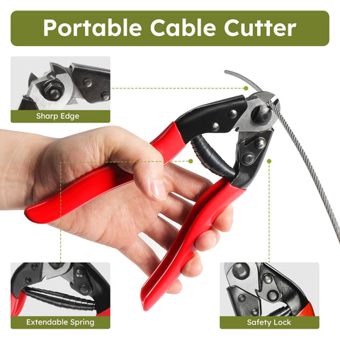 Hand holding cutter for Beefy 316 Stainless Steel Cable 500 Ft One Eighth Inch Aircraft Wire Rope For Deck Railing Kit And DIY Balustrades 7x7 Strand Construction Includes Cutter