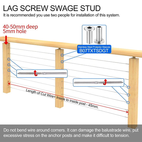Diagram showing installation of 72 Pack T316 Stainless Steel Left and Right Handed Swage Lag Screws for wood posts and railing kit.