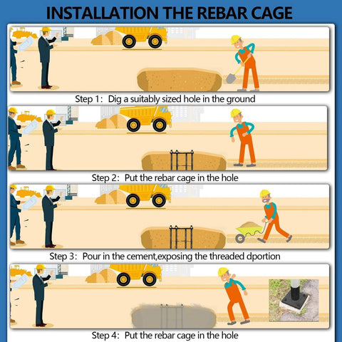 Diagram showing installation steps for rebar cage base used in 16 Foot Tall Solar Street Light Pole With Adjustable Modular Sections.