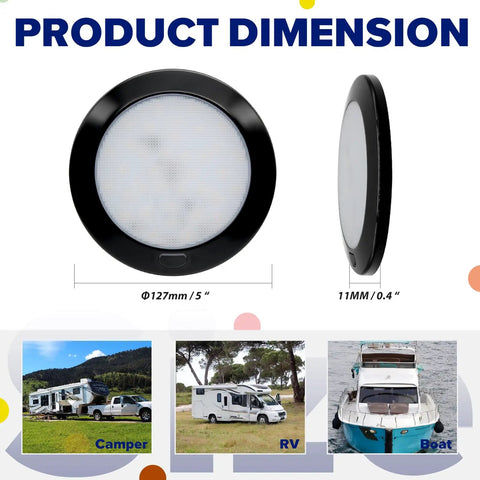 Durable Dimmable 5 Inch Black Round 12V RV Ceiling Light with Surface Mount LED Fixture dimensions and application images