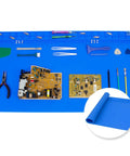Massive Silicone Soldering Mat With Hella Heat Resistance Up To Five Hundred Degrees Fahrenheit Badass Workbench Pad For Phone Laptop Electronics Bga Rework And Soldering Gear Blue, showing tools and circuit boards.