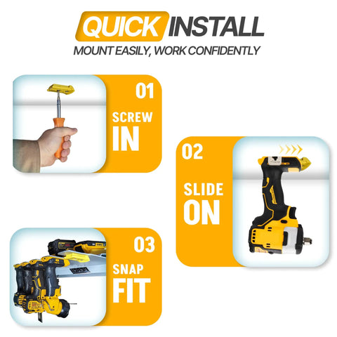 Step-by-step installation guide for 9 Pack Tool Holder Wall Mount For DeWalt 20V And 60V Cordless Tools Snap Fit Drill Hanger.