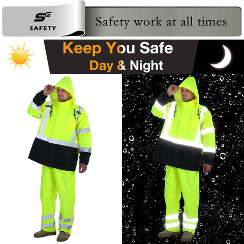 Hi Vis Rain Jacket For Men Waterproof Class 3 High Visibility Rain Gear With Removable Hood And Interior Mesh Liner